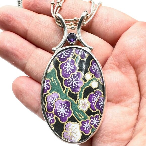 Sajen Womens Necklace Reversible Amethyst Garnet Floral Pendant Sterling Silver - Picture 1 of 5